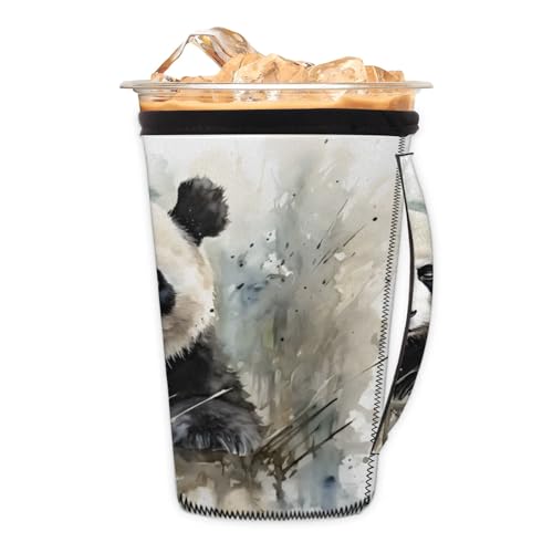 Hand Painted Watercolour Panda Reusable Neoprene Coffee Sleeve with Handle Insulated Iced Coffee Cup Holder Reduces Condensation Fits 24-28 oz Cups M