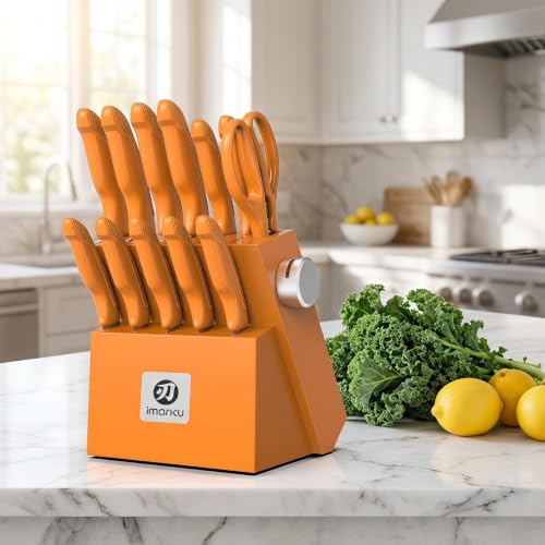 Image of imarku 14-piece Japanese knife set, sharp, non-slip, gift box, yellow | High-carbon stainless steel, built-in sharpener, space-saving design, ideal for everyday cooking and as a gift