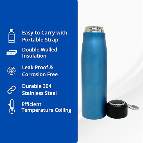 Image of SuperGeneriX 500ml Stainless Steel Water Bottle with Carry Rope, Leak Proof Insulated Thermosteel Water Bottle, Matte Finish Drinking Bottle for Office, Gym & Travel (Blue)