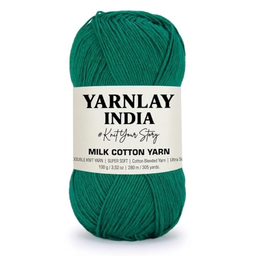 Image of Yarnlay 3 Ply Soft Milk Cotton Yarn for Crochet Knitting, Amigurumi, Punch Needle .DIY Crafts, Summer Wear,Flowers Toys & Cushion Covers 100g (250m) (Shade 14: Forrest Green)