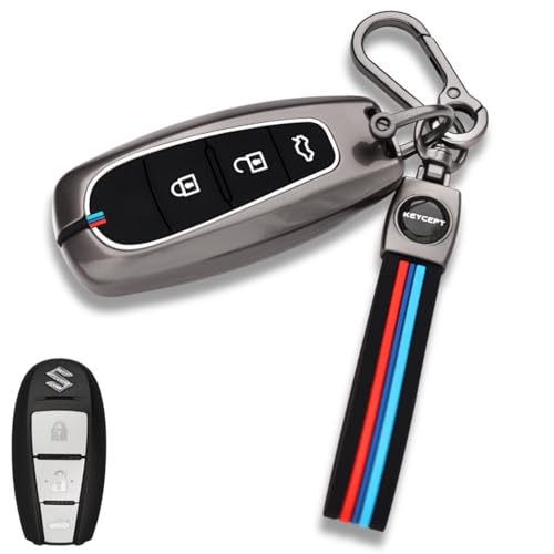 Image of KEYCEPT Metal Alloy Key Cover for Suzuki Baleno | Grand Vitara | S Cross | Ciaz | Swift | Ignis | XL6 | Fronx | Brezza | Jimny 3 Button Smart Key with Keychain (Long Keychain).
