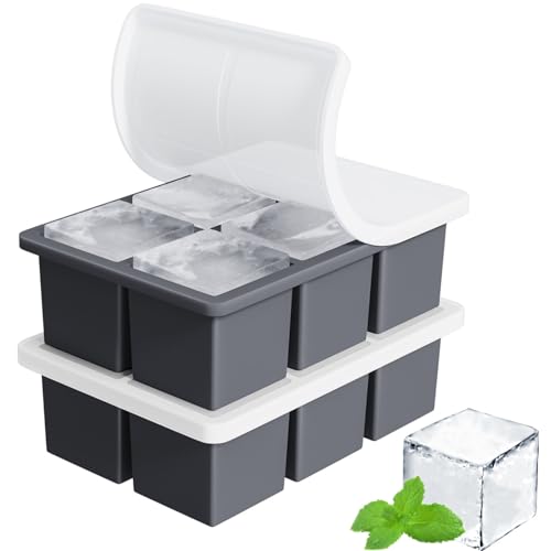Image of Large Ice Cube Tray for Whiskey: FDDBI Silicone Ice Cube Trays with Lid - 2Pack Big Square Old Fashioned Ice Cube Maker for Cocktail - 2inch Huge Cubed Ice Trays for Whisky