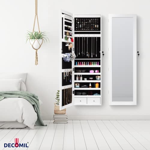 Decomil – Jewelry Armoire With Mirror | Jewelry Cabinet Wall Mounted, With 2 Drawer, Led Lights And Lockable Door | White #TOP6