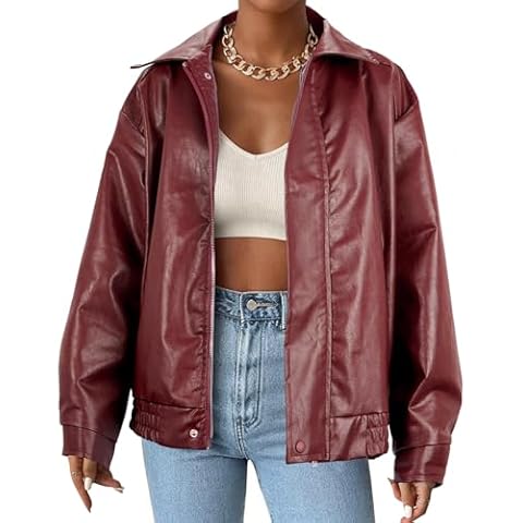 Faux Leather Jacket Women Brown Pleather Bomber Jacket Oversized Leather Blazer Motorcycle Jacket Biker Jacket Winter Coat Wine Red M Cover