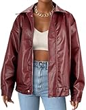 Faux Leather Jacket Women Brown Pleather Bomber Jacket Oversized Leather Blazer Motorcycle Jacket Biker Jacket Winter Coat Wine Red S