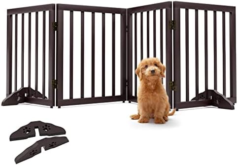 Wooden Dog Gate Foldable Dog Fence Freestanding 4 Panel Pet Gates Freestanding Folding Dog Gates House Pet Gate for Dogs Gate for Indoors,Stairs Extra Wide Dog Gate 24in Height with 2PCS Support Feet
