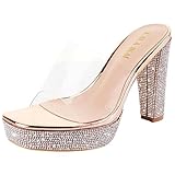 LALA IKAI Heels for Women 4 Inches Chunky Heels Sandals for Women Rhinestones Open Toe Block Ankle Strappy Dress Shoes for Women,Gold Glitter