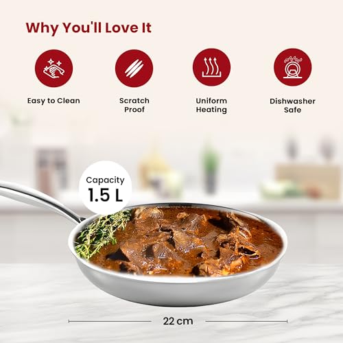 Image of The Better HomeTriply Frying Pan with Lid (1.5 LTR)| Diameter - 22 cm | 2.5 mm Thickness | Induction Cookware | Omelette Pan Non Stick | Long Riveted Handle | Dishwasher Safe