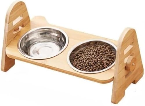 AZIEBAY 食器・ボウル木製台座付きステンレス猫用食器セット、愛猫が快適に食事をするための便利なアイテム、丈夫で衛生的なステンレスボウルと自然な木製台座で食事環境をアップグレード