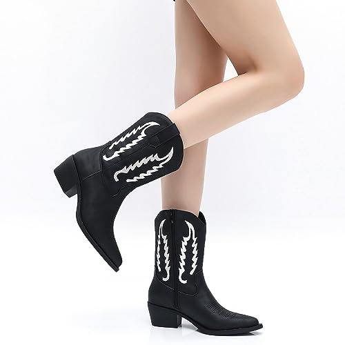 Image of GLOBALWIN Women's Square Toe Cowgirl Boots Classic Mid-Calf Cowboy Boots With Embroidered Stitching Low Heel Comfortable Western Boots For Country Outfits
