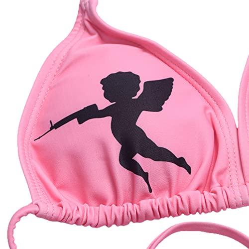 Guccou Women Gothic Bikini Swimsuit Set Y2K Cute Micro Bra Thong Bikini Set Two Piece Goth Skull Swimwear E-Girl Beachwear Bikini Swimsuit (Pink Angel, Small) #TOP1