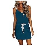 Womens Mini Dress Summer Cami Dresses Casual V Neck Strappy Cute Dress Drawstring Pocket Sundress...