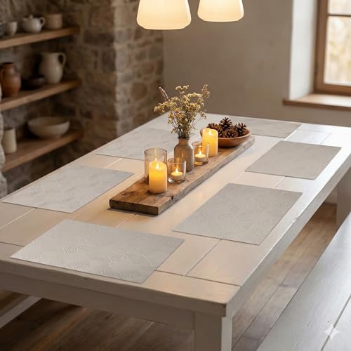 Image of YELONA Placemats for Dining Table - Heat Resistant, Non-Slip & Washable PVC Vinyl Table Mats - Set of 6, 45 x 30 cm (Beige & Cream)