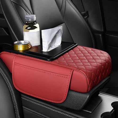 Car Center Console Cover for Volkswagen Golf R 2019 2020 2021 2022 2023 2024 2025 – 5-in-1 Leather Armrest Cushion Pad with 2 Storage Bags, Holds Cups, Phone, Tissues, Car Interior Accessory