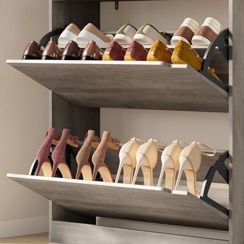 Image of BORNOON Shoe Cabinet with 2 Flip Drawers, Slim Narrow Shoe Storage Cabinet, Freestanding Shoe Organizer with Adjustable & Removable Shelves, Top Display Shelf for Entryway, Hallway, Foyer, Closet