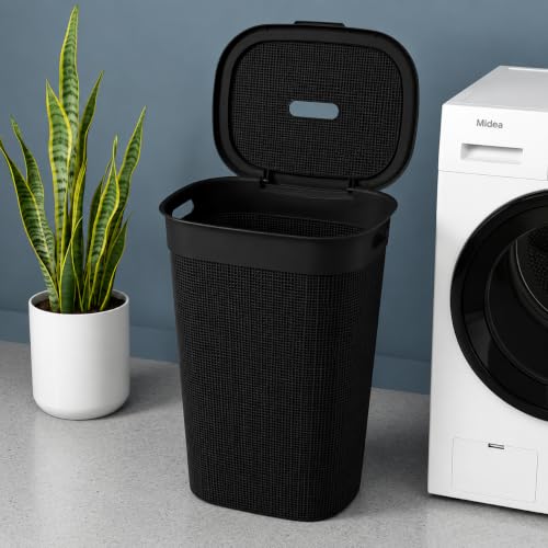Image of KITCHIVO Plastic Large 55 Ltr Laundry Basket with Lid & Handle | Multipurpose Hamper Bins Storing Washable Clothes, Blankets | Household Ideal for Home & Bathroom (Woods Black)
