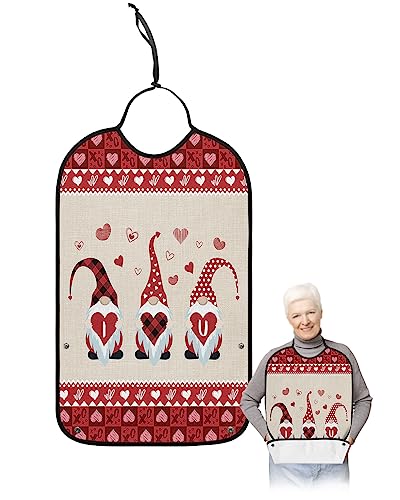 Valentines Day Adult Bibs for Eating, Waterproof Bibs with Food Catcher & Adjustable Snap Closure, Red Checkered Gnomes with Love Heart Washable Clothing Protectors Adult Bibs for Elderly Women/Men