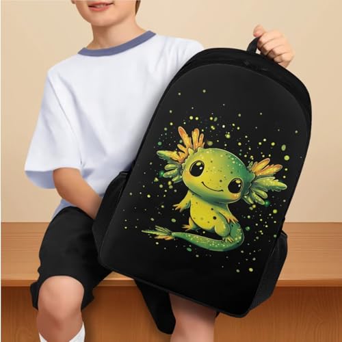 Ystardream Elementary Backpack and Lunch Bag Set for Boys Green Axolotl Backpack with Side Pockets for Water Bottles Girls Cartoon Animal Print Pencil Case & Bookmark 4 PCS School Supplies2