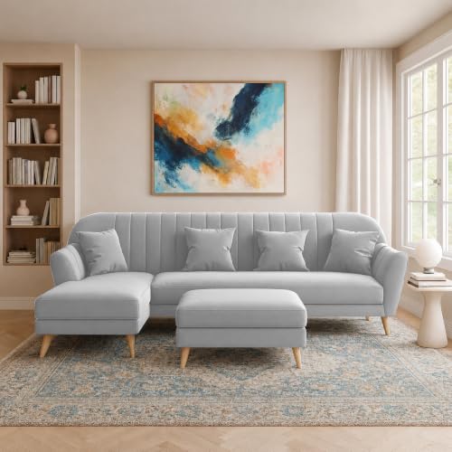 Image of Atticus LHS 6 Seater L Shape Sofa Set with Ottoman Living Room (Grey Colour Fabric) Premium Fabric Sofa Set for Living Room