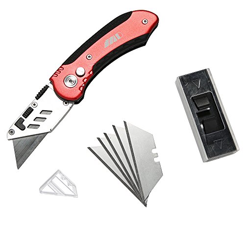 Utility Knife Box Cutter Folding Knife with Clip, Heavy Duty Folding Knives with 5 Extra Replaceable Blades for Cutting Carpet Rope Leather Cardboard Box(Random color)