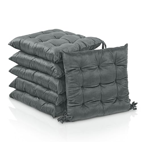 Image of Kuber Industries 6 Pcs Heavy Velvet 16 Inch Chair Pad Cushion with Drawstrings for Dining, Office & Home | Soft Seat Pad | Support for Long Sitting | Grey