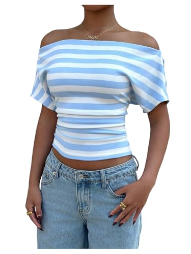 Blue and White Striped Off-the-Shoulder Top
