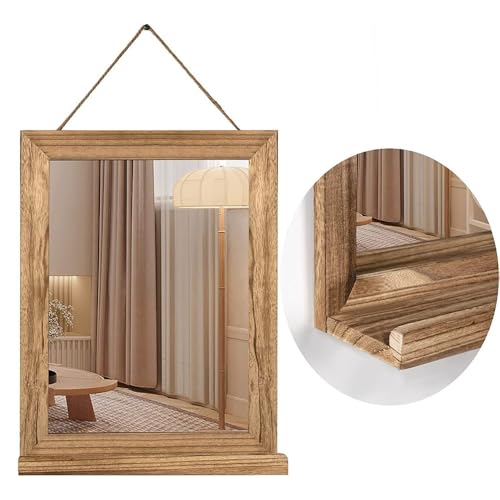 Image of Rustic Wall Mirror Rectangular, Hanging Wooden Mirror with Shelf for Entryway, Farmhouse Decor for Living Room, Bathroom, Bedroom, Hallway Entry Table Decoration, Brown