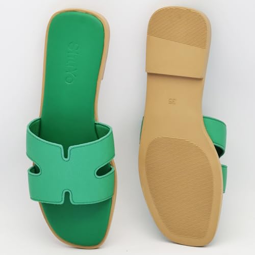 Image of Women's Flat Sandals, Ladies Leather Slippers, Comfy Dressy Slip on Shoes Elegant Slides Summer Fall Spring Cute Open Toe Casual Footwear