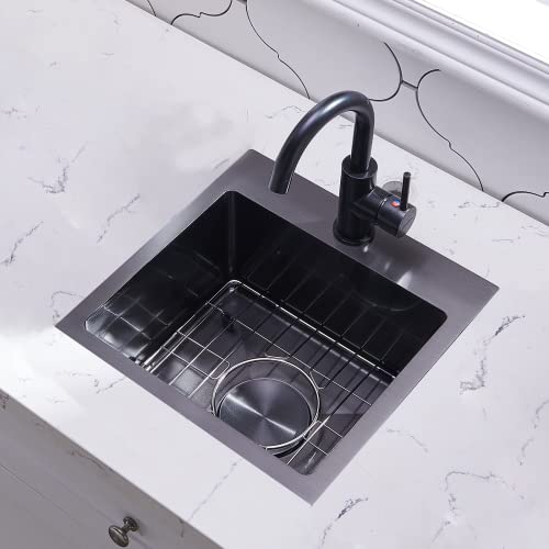 Vapsint 15X15 Modern Commercial Topmount Drop In Black Bar Sink,Single Bowl Bar Rv Kitchen Sink With Stainless Steel Grid&Strainer #TOP1