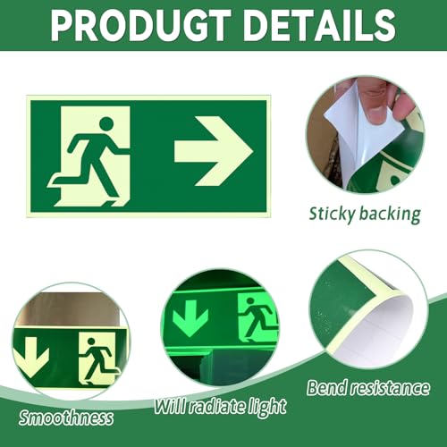 8 Stück Notausgangsschild Nachleuchtend 300x150mm, Selbstklebendes Fluchtwegschild mit Pfeilen Links Rechts Unten, Reflektierendes Rettungsweg Schild aus PVC, Kein Bohren, Für Gebäude & Büros (Grün)