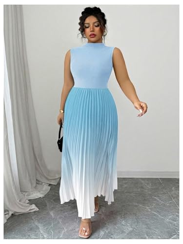 Image of SOLY HUX Women's Plus Size Summer Ombre Sleeveless Flowy Maxi Dress | Birthday, Pleated A Line, Mock Neck, Formal Outfits,Cocktail, Wedding, Graduation