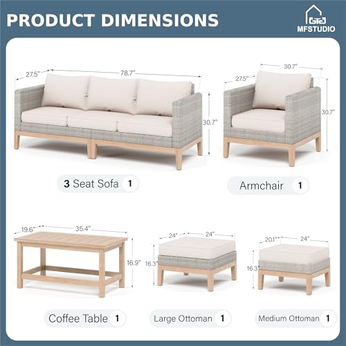 MFSTUDIO Wicker Patio Furniture Set, All Weather Rattan Outdoor Conversation Set with 2 Ottomans, 5 Pieces Patio Sectional Modular Sofa Couch Set with Wood Coffee Table, Beige Cushions - Thumbnail 2