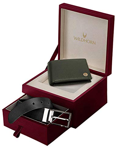 Image of WildHorn Gift Hamper for Men I Leather Wallet & Belt Combo Gift Set I Gift for Friend, Boyfriend,Husband,Father, Son etc (Green)