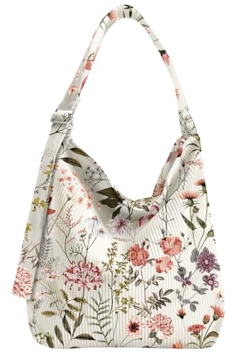 VelvetHue Corduroy Hobo Bag for Women - Large Shoulder Tote Bag with Zipper Cute Handbags Big Capacity Travel Work Bag Flower