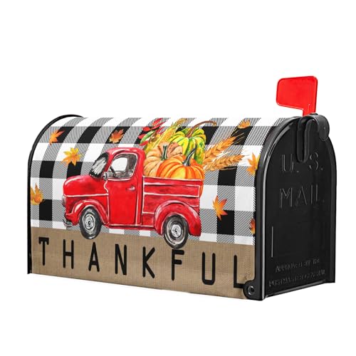 Image of Fall Thanksgiving Red Truck Mailbox Cover Magnetic Standard Size 21 inchx18 inch Autumn Pumpkin Harvest Magnetic Mail Box Cover Autumn Post Letter Box Cover Wrap Fall Mailbox Decals for Home Garden Yard