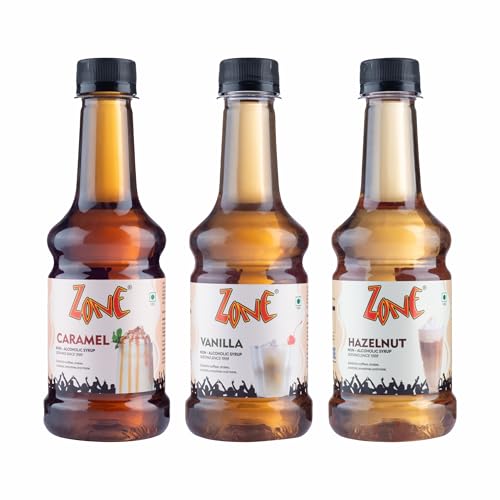 Image of Zone Premium Coffee Syrup Combo of 3 (300 ml x 3) - Caramel, Vanilla & Hazelnut Flavoured Syrups | Non-Alcoholic Cafe Style Syrup for Hot & Cold Coffee, Mocktails, Milkshakes, Desserts & Beverages | Ideal for Cafes, Restaurants, Cloud Kitchens & Home Use