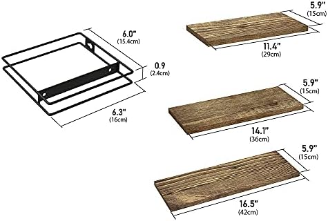 J JACKCUBE DESIGN Rustic Wood Floating Shelves, Set of 3 Wall Mounted Hanging Shelves with Black Wire Frames for Bedroom. Living Room, Kitchen, Bathroom and Office - MK696A