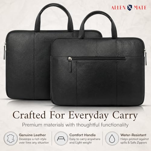 Image of ALLEN & MATE 100% Leather Laptop Case 15 Inch Laptop Sleeve fits MacBook Air /Pro 15 inch M5 /M4 /M3 /M2, MacBook Pro 14 inch, Dell, HP, Lenovo, Chromebook 14 inch-15.6 inch Computer Bag Zip Pocket - Black