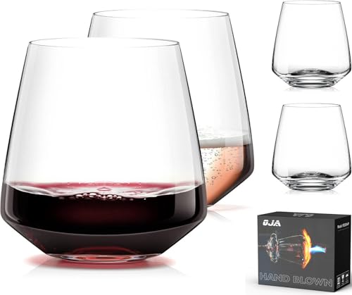 Stemless Wine Glasses Set of 4 13.5oz, Hand Blown...