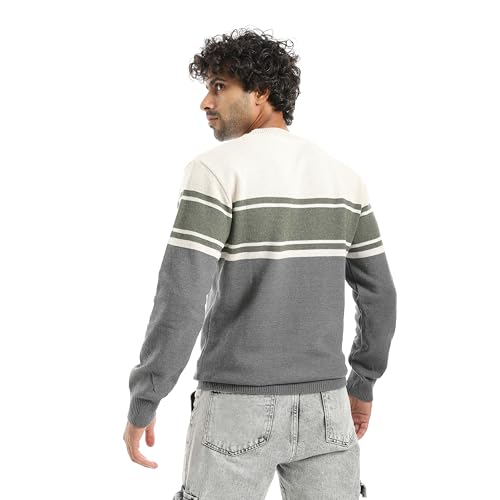 Andora Long Sleeves striped Round Neck Sweater_ dark green_ 5XL