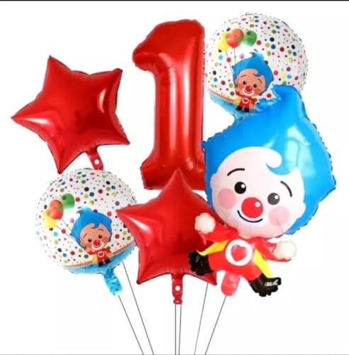 Plim Plim First Birthday Balloon Decoration Set, Red Character Theme, 6-Piece Party Balloons Bundle