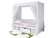 als normales Bett stellbar Himmelbett Marlies Massivholz Kiefer inkl.Tüll-Set Weiß Rosa