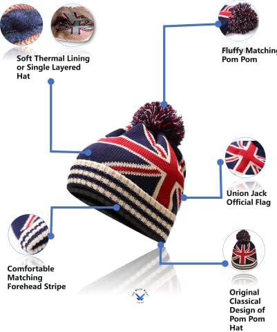 Union Jack Flag Thermal Hat  Bobble Hat  Bob Winter Pom-Pom Cap Smart Fitting, Acrylic Cosy & Comfortable Warm UNISEX - Gift Idea - One Size Fit Most