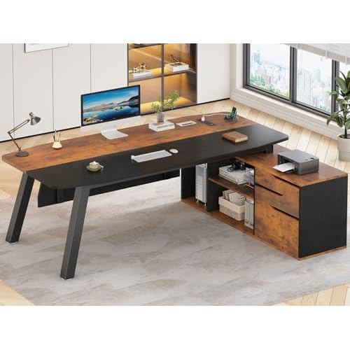 SEDETA 71" Executive Desk with File Cabinet, Large Office Desk with Drawers and Shelves, L Shaped Computer Desk with Power Outlets, Business Furniture