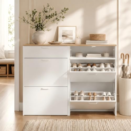 VINGLI Set of 2 Shoe Cabinets Storage for Entryway,2-Pack,White | 16–24 Pairs,Skirting Board Cutout,Drop-Down Drawer,9.4"D Slim,Two-Tone Oak&White,2 Flip Drawers,Adjustable & Removable Shelf