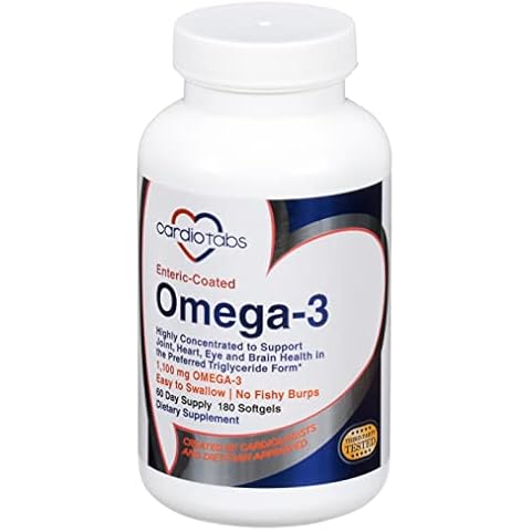 CardioTabs Omega-3 Enteric-Coated Fish Oil Supplements, Triglyceride Form, 1100 mg Total Omega-3 Fatty Acids, Non-Dairy and Gluten-Free, Special Enteric Coated Softgels for No Fishy Burps - 180 Count Cover