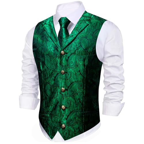 Image of Barry.Wang Men Emerald Green Paisley V-neck Suit Vest Silk Jacquard Waistcoat Tie Clip Set for Tuxedo