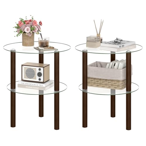 Image of GIANTEX Round End Table Set of 2, 2-Tier Sofa Side Table with Clear Tempered Glass Top & Shelf, Small Accent Table with Solid Rubber Wood Legs for Living Room Bedroom Home Office (Brown & Clear)