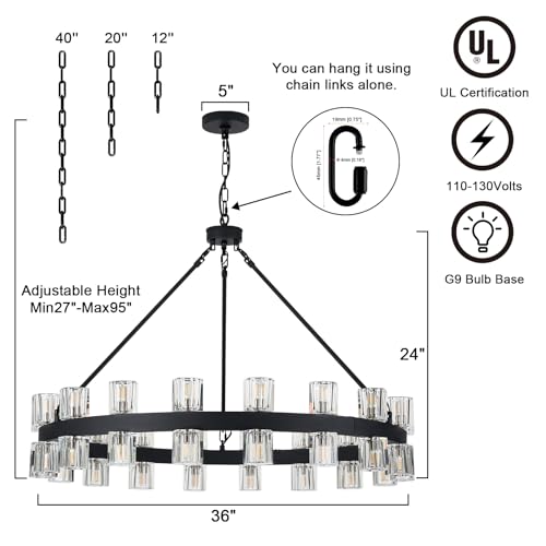 MeiYDeng 36 Inch Black Wagon Wheel Chandelier with 36 Lights Crystal Shade, Modern Farmhouse Round High Ceilings Pendant Light Fixture for Living/Dining Room, Kitchen, Bedroom, Foyer by MeiYDeng - Image 5