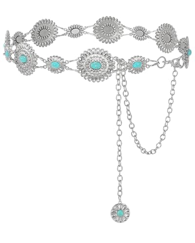 Metal Concho Chain Belt for Women Western Cowgirl Turquoise Boho Waist Chain Belt for Dresses Jeans